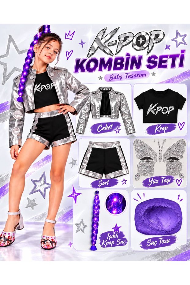 Kpop Huntrix Rumi Costume - Leather Jacket - Shorts - Crop T-Shirt - Purple Light Rumi Hair - Purple Hair Powder - Face Stone - 6-Piece Set Birthday Party Wedding Girl's Jacket