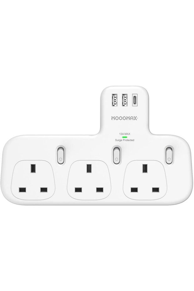 مقبس تمديد متعدد المنافذ - 3 منافذ شحن USB (2xUSB-A و 1xUSB-C) - شريط طاقة حائطي - 3 مخارج تيار متردد