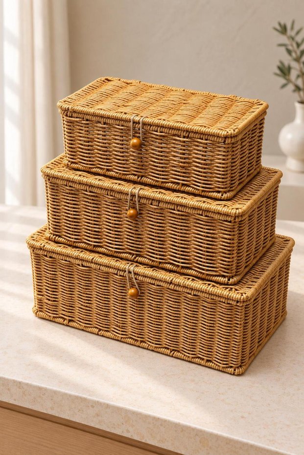 3 Sizes Covered Rattan Organizer Basket Rectangular Wicker Storage Box Multi-Purpose Organizer
