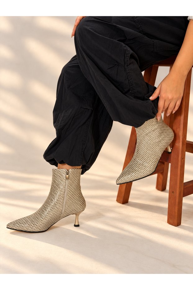 Vienna Gray Wicker Leather Pointed Toe 5 cm Thin Heel Women's Boots Botti̇e