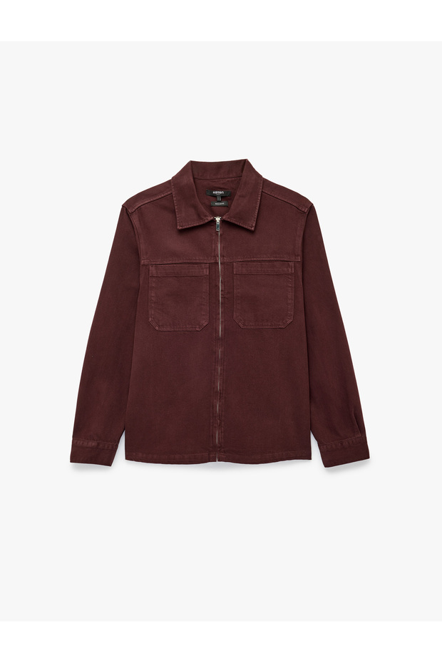 Cotton Classic Collar Long Sleeve Zippered Gabardine Shirt with Pockets