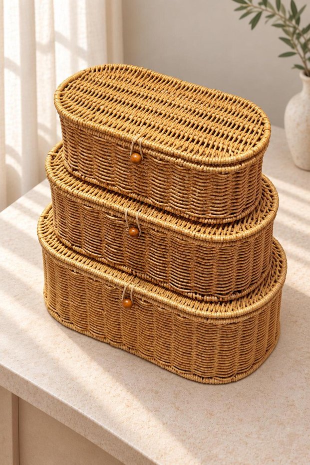 3-Piece Oval Storage Box and Organizer Set with Lid, Multi-Purpose Organizer Rattan Set