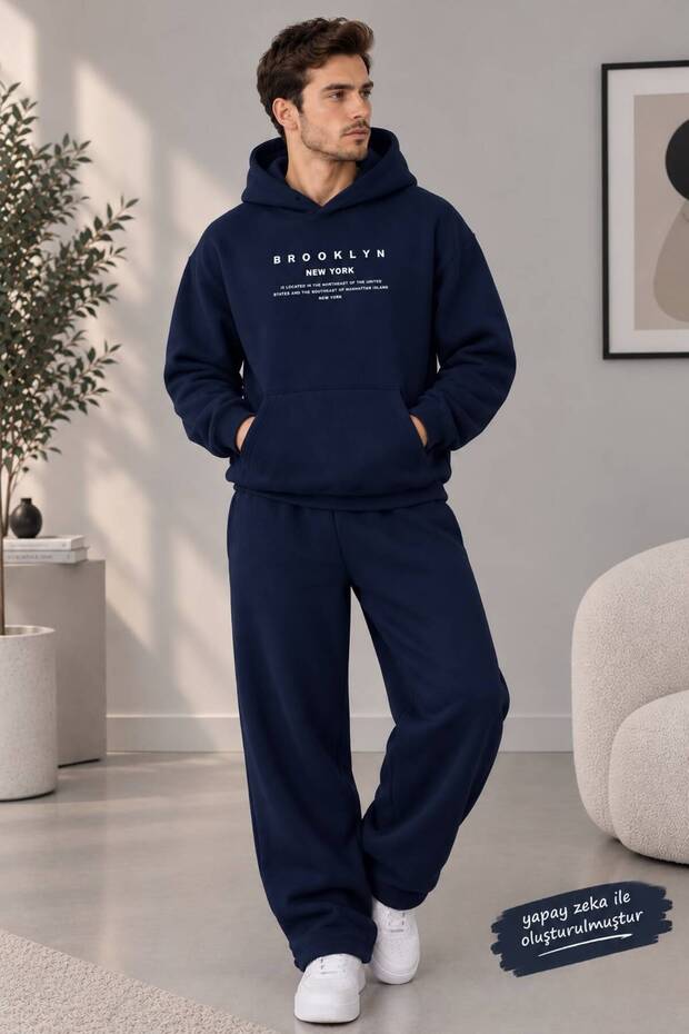 Printed Hoodie with Pocket Detail Printed Bottom and Top Tracksuit-Hoodie Sweatshirt Set Oversize Model