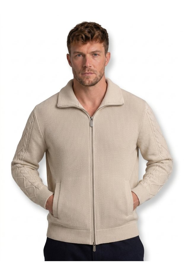 Men's Ecru Knitted Jacket with Diamond Pattern on the Sleeves and Zipper Closure