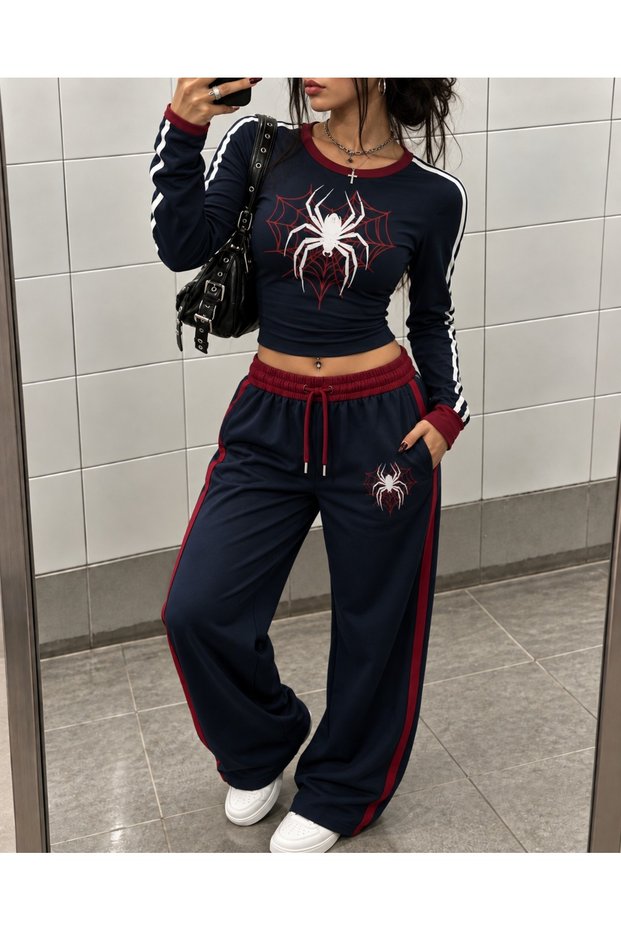 Navy Blue Red Striped Grunge Printed Tracksuit Set