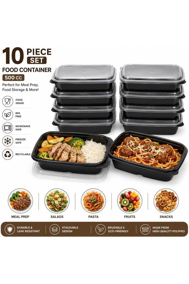 Food Storage Containers 500cc with Lids, 10 Pack Reusable Meal Prep Containers, BPA-Free Plastic Food Containers, Microwave, Freezer & Dishwasher Safe for Meal Prep, Food Storage & Takeaway