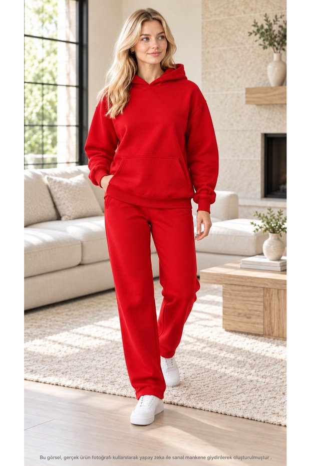 Women's Basic Hooded Tracksuit Set - Draped Relaxed Fit Sweatshirt with Kangaroo Pockets and Sweatpants Combination Set