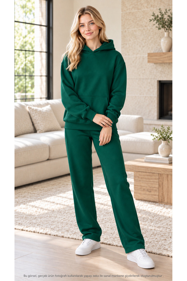 Women's Basic Hooded Tracksuit Set - Draped Relaxed Fit Sweatshirt with Kangaroo Pockets and Sweatpants Combination Set