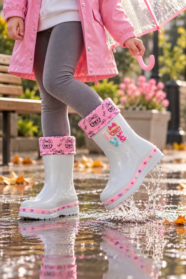 Girls' Princess Patterned Lined Non-Slip Sole Winter Rain Boots