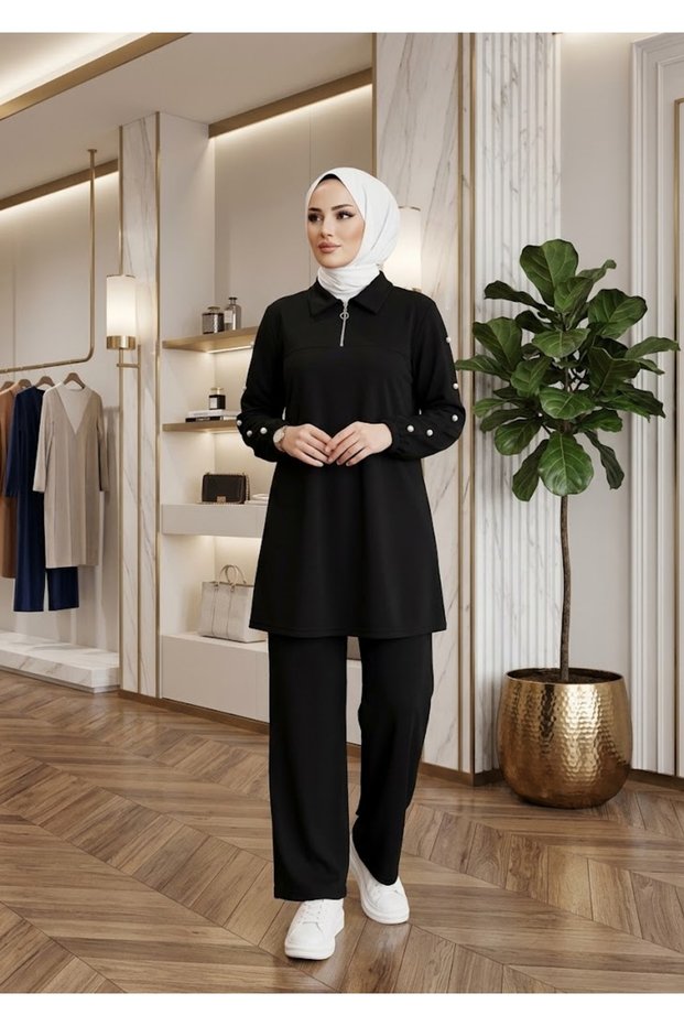 Shirt with Collar, Zipper, Sleeves, Button Detail, Oysho Fabric, Women's Tunic Suit