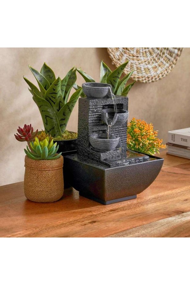Pan Home Solemn Polyresin Table Fountain with Yellow light 13x13x18cm- Grey - 222FWI9900006