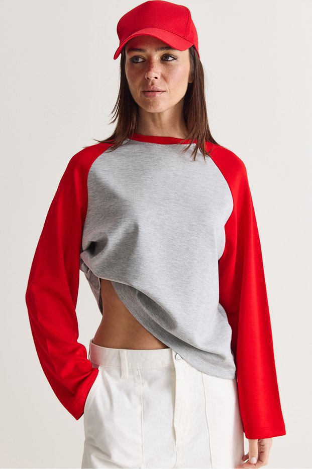Women's Grey-Red Regular Raglan Sleeve Color Block Long Sleeve Sweatshirt 928 60286777