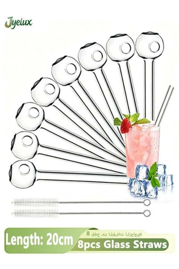 Jyelux 8 Pieces Glass Straws, 20cm Reusable Glass Straws Set with Cleaning Brush, Breakproof Drinkin