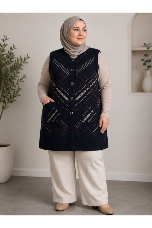 Plus Size Patterned Buttoned Stretchy Soft Vest