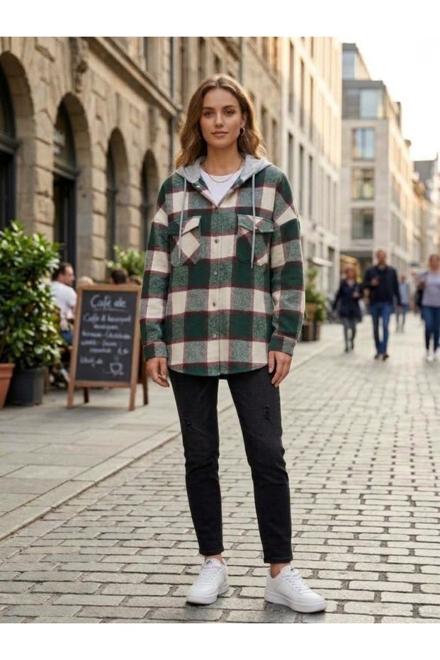 Dark Green Burgundy Plaid Hooded Double Pocket Oversize Women's Lumberjack Shirt Jacket