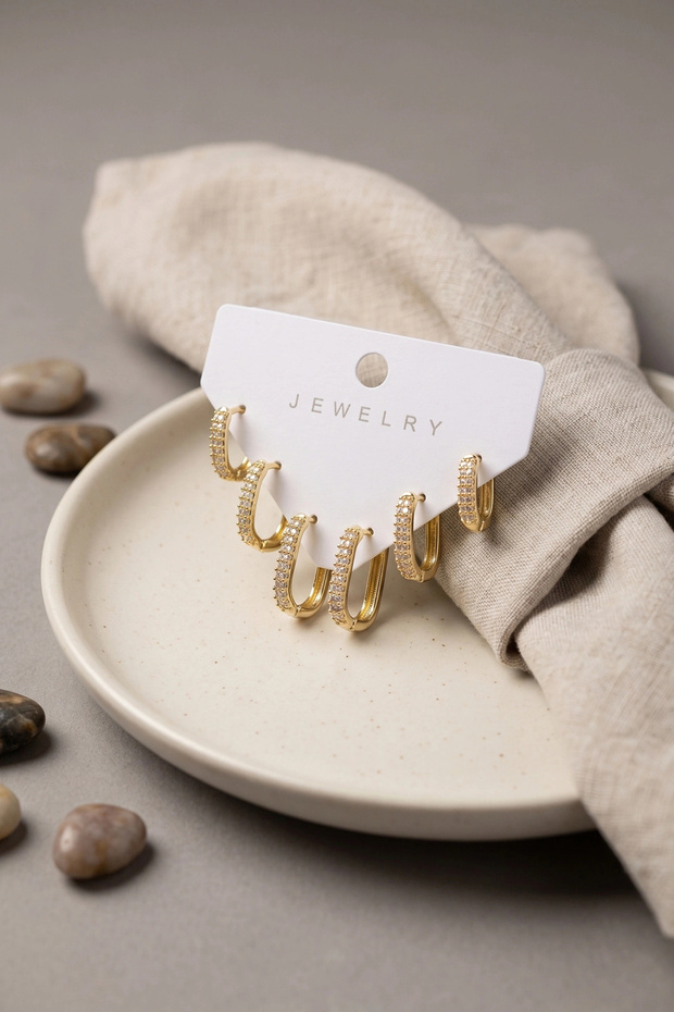 Gold Color Zircon Stone Brass Oval Square Model Women's Earring Set