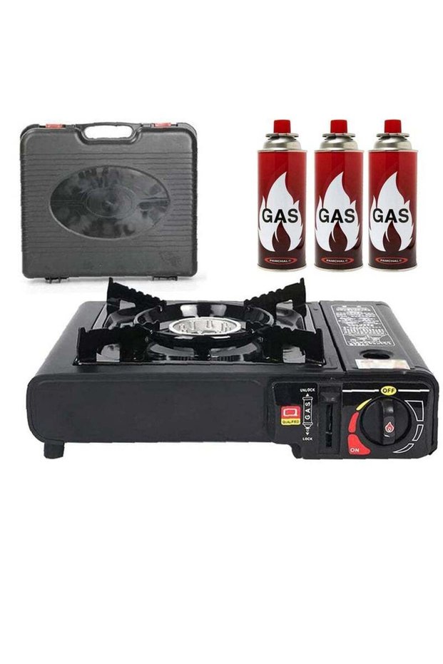 GO2CAMPS Camping Stove with 3-Piece Butane Gas Catridge -Two Way - Black/Orange/Red