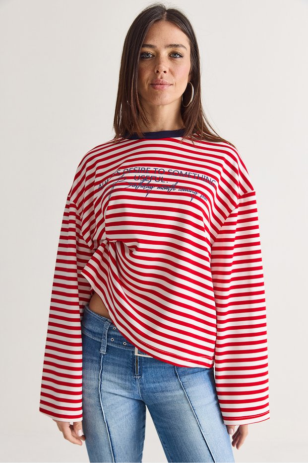 Women's Red-Navy Blue Striped Long Oversized Sweatshirt with Printed Text and Crew Neck 1126 60286772