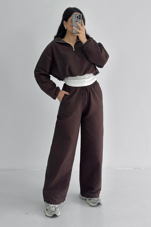 Women's Skirt with Ribbed Detail, Zipper Collar, Lined Top - Pants Set