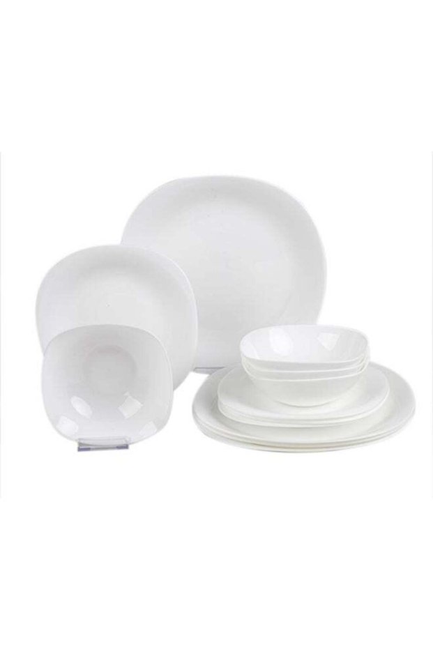 Noon East 12 Piece Dinner Plate Set of 4,Lightweight Square Opal Glass White Dinnerware Plates, Dish