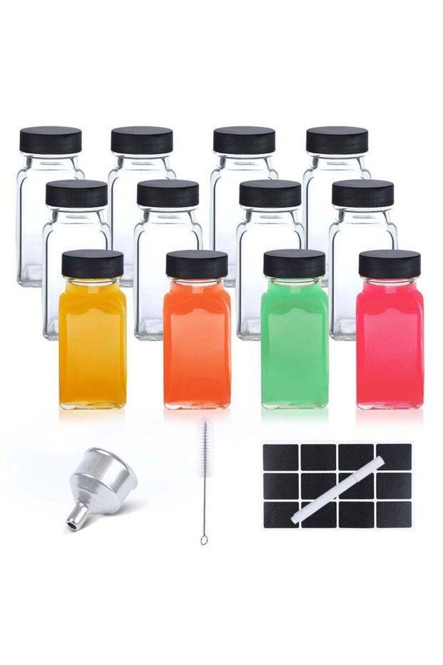 SKYLINK 12Pack 2oz Clear Glass Bottles with Airtight Lids – Reusable Small Square Juice Bottles for