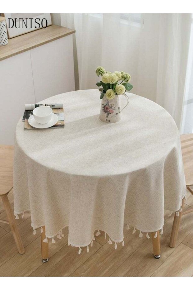 DUNISO Tassel Cotton Linen Tablecloth Round Table cloth For Dinning Room Restaurant Party And Kitche