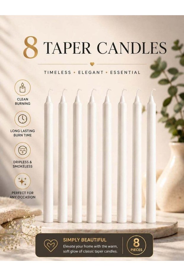 O2. Set of 8 Long-Burning Unscented White Taper Candles, Premium Elegant Decorative Candles with Sta