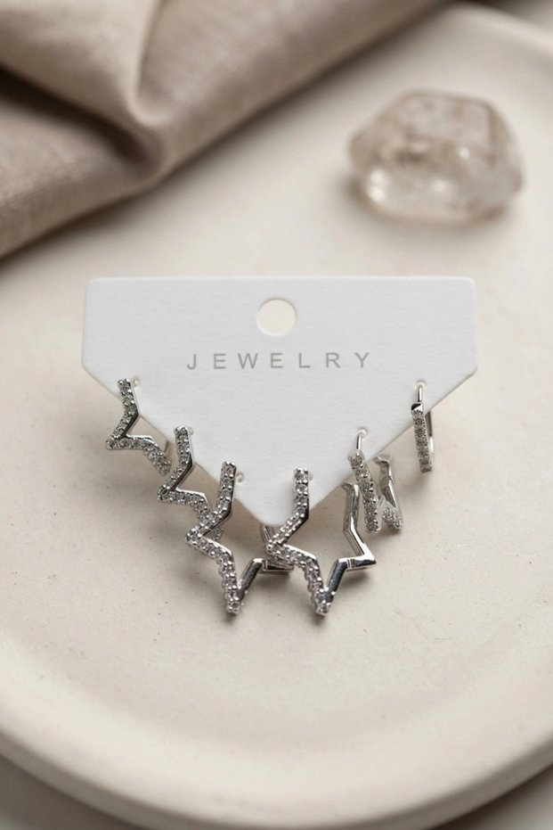 Silver Color Zircon Stone Brass Star Model Women's Earring Set