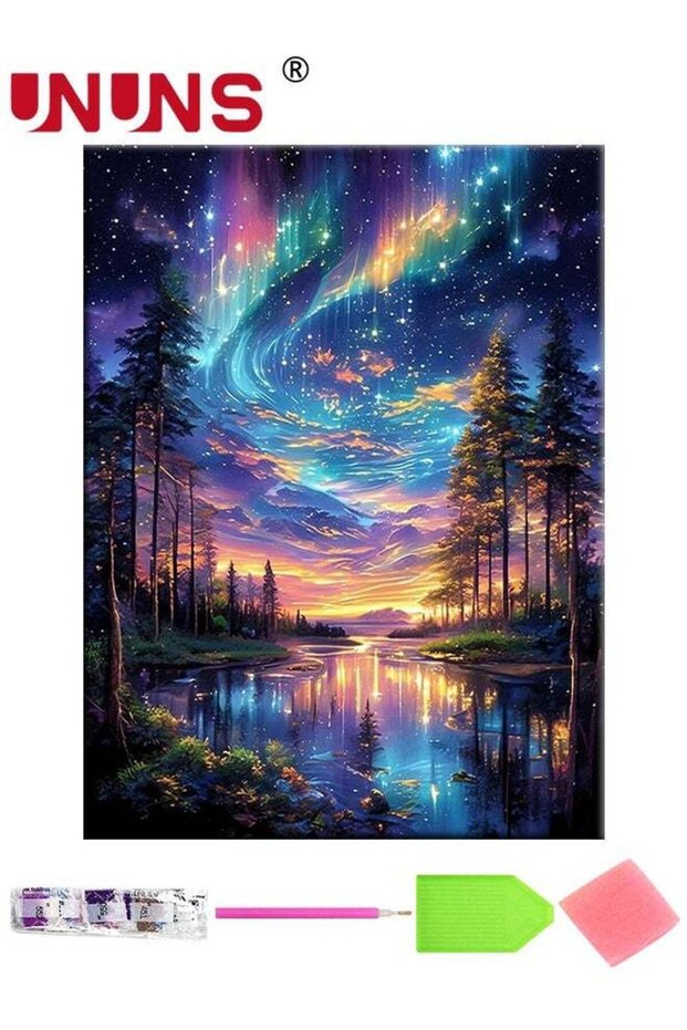 UNUNS Starry Sky Diamond Art Kits for Adults,5D Aurora Lake Diamond Painting Kits for Beginners, Fan