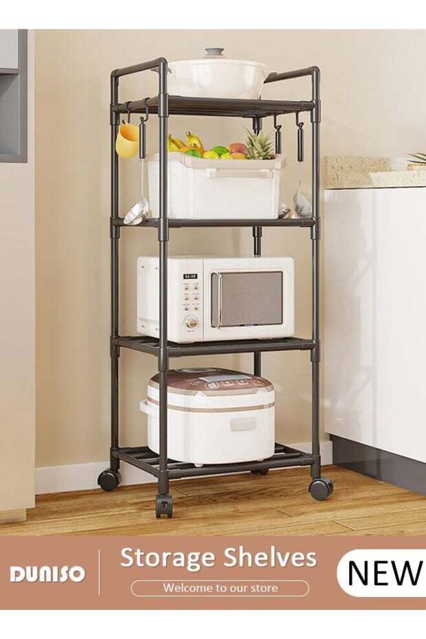 DUNISO 4 Tier Storage Shelves, Stable Kitchen Shelf Organizer, Storage Rack with Wheels and Armrests