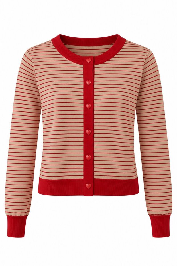 Red Beige Striped Heart Buttoned Cardigan - 5328