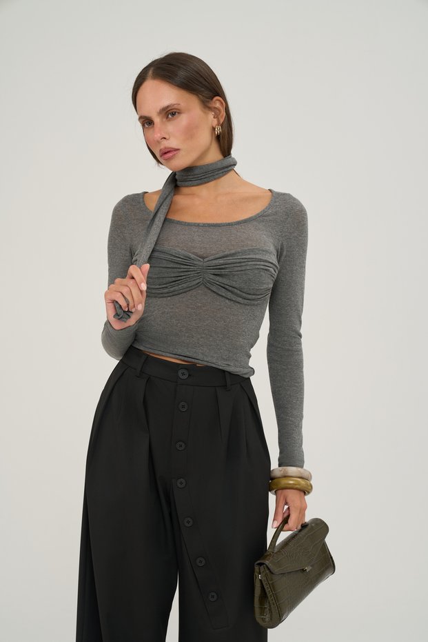 Essential Anthracite Blouse with Gathered Chest Detail