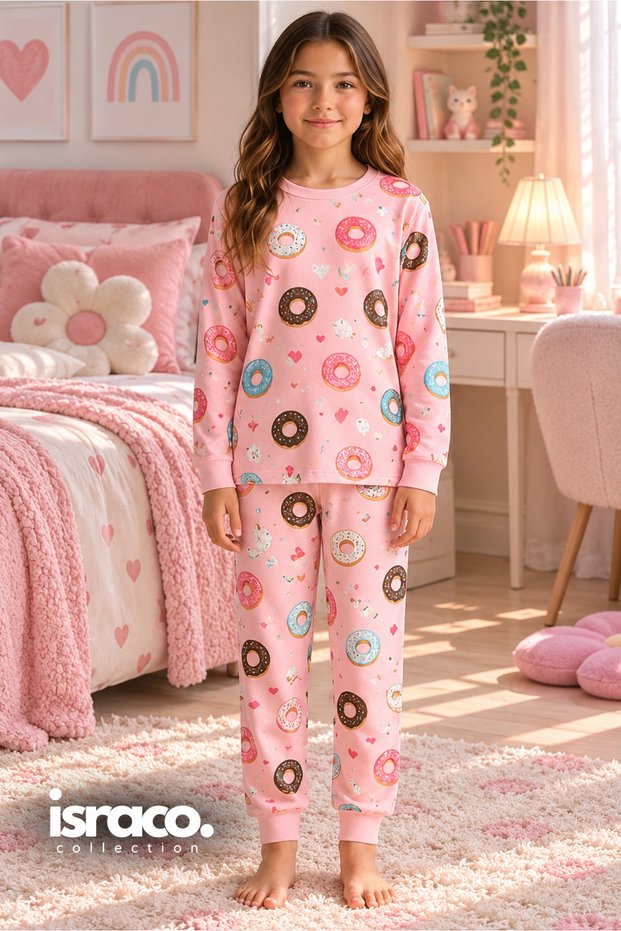 Girl's Donut Patterned 100% Cotton Single Jersey Fabric Long Sleeve Pajama Set