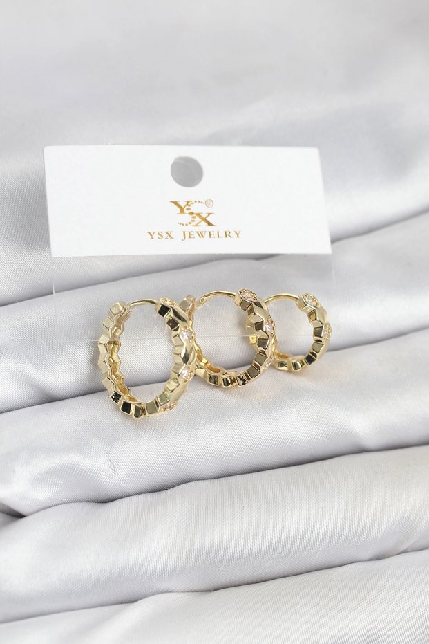 Brass Gold Color Zircon Stone Honeycomb Ring Model Ysx Trio Earring Set
