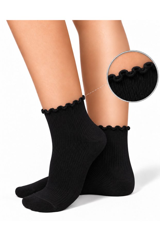 Women's Elasticless Black Ruffled Seamless Socks 3-Piece / Non-Marking / Non-Tightening Socks / Cotton