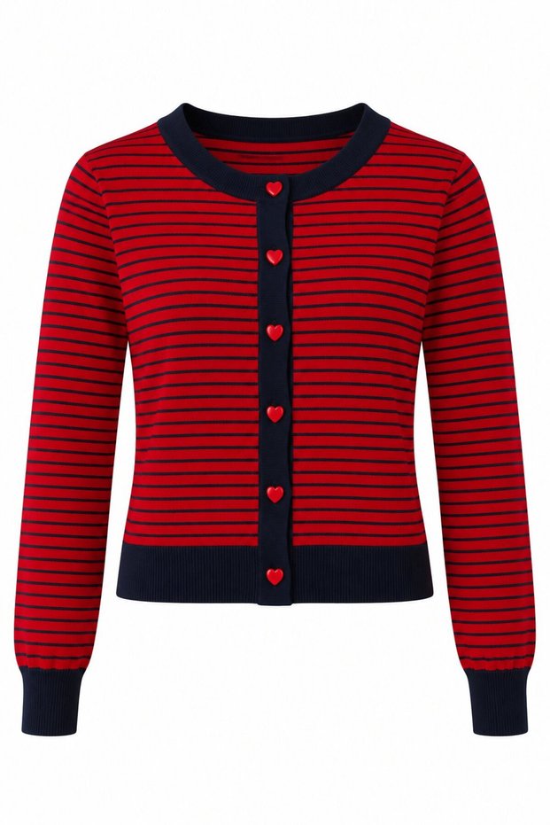 Navy Blue Red Striped Heart Buttoned Cardigan - 5328