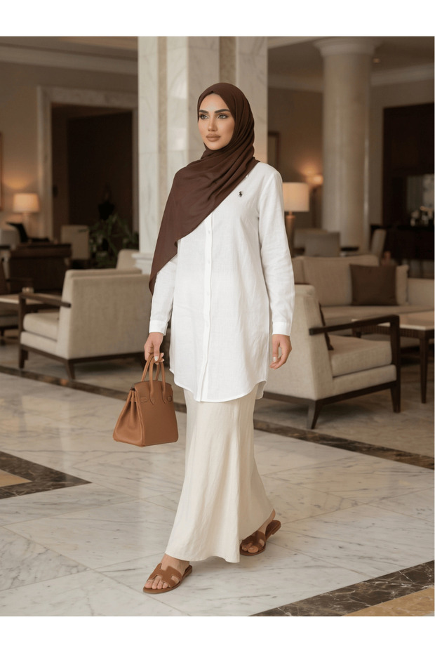 Women's Embroidered Linen White Hijab Tunic Shirt Slim Fit Cotton Soft Textured 95-100 cm Code:Jsw26-Ktg