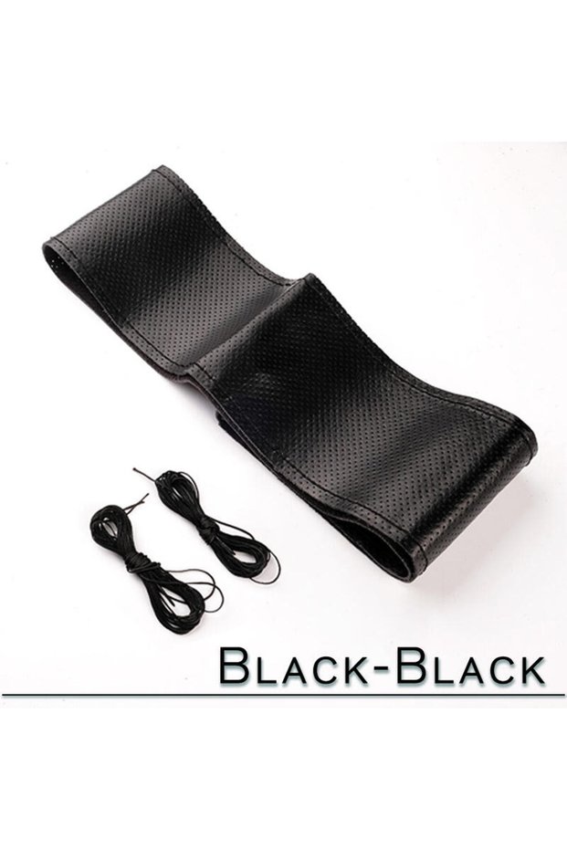 B-BLACK-BLACK 38cm 15inch Car Steering Wheel Braid Cover Artificial Leather Needles And Thread Soft