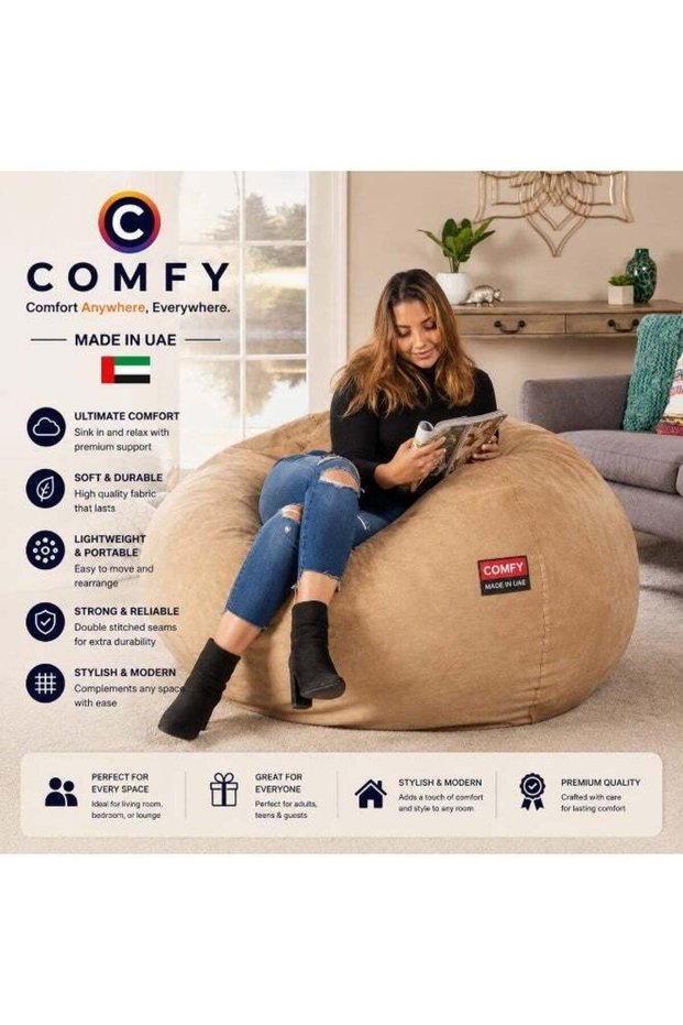 COMFY CLASSIC BEIGE SOFT VELVET ADULT BEAN BAG WITH VIRGIN BEANS FILL