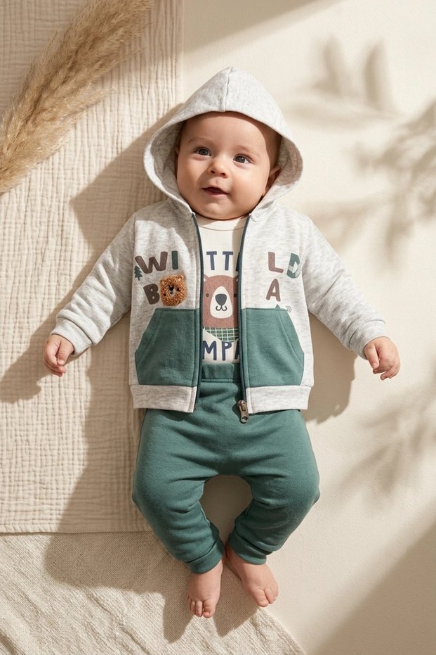 Baby Boy Green Gray Wild Bear Hooded Cardigan, Cotton Bodysuit and Sweatpants 3-Piece Combination Set