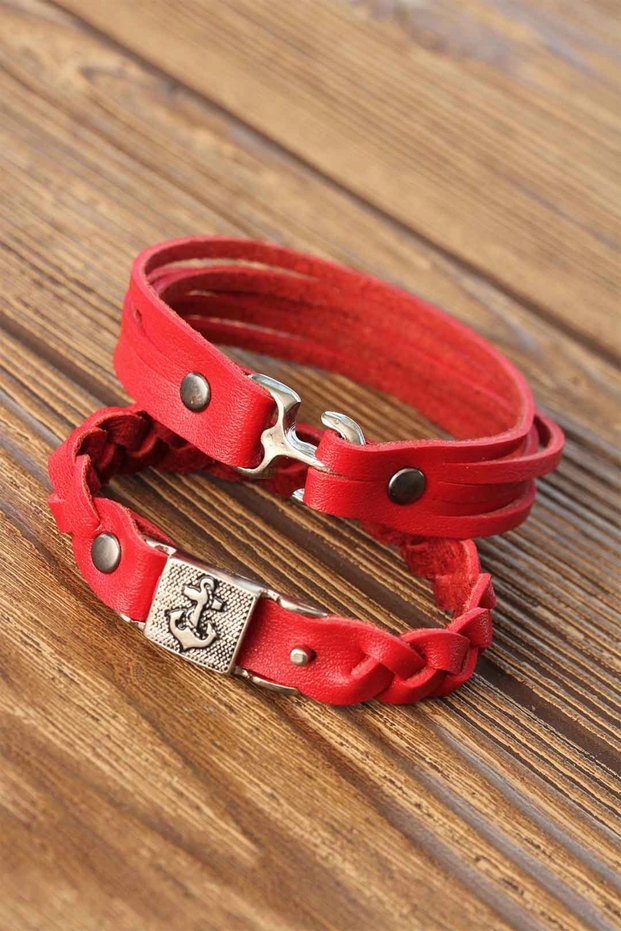 Red Color Leather Men's Bracelet Combination