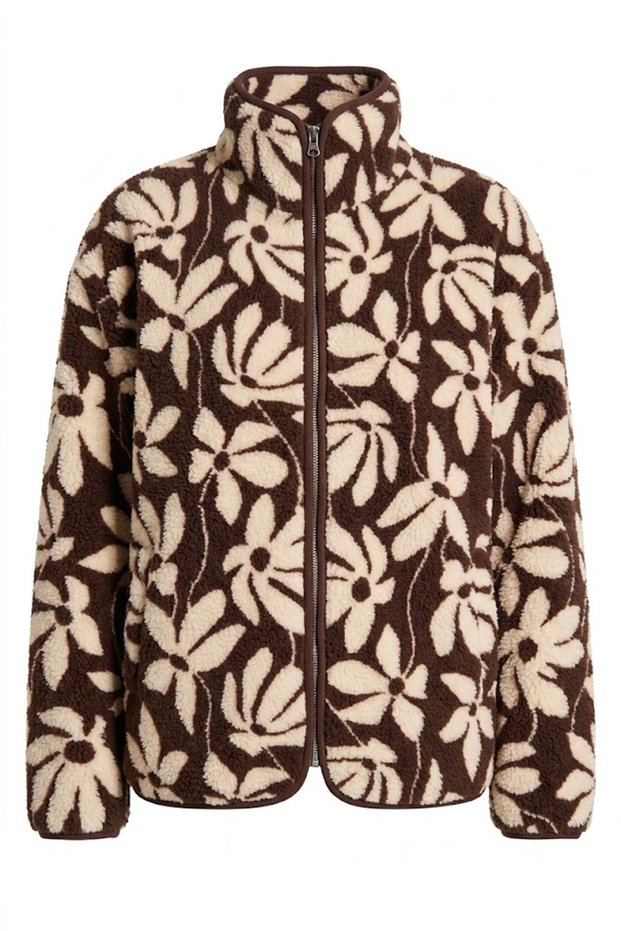 Coffee/Mink - Floral Patterned Zippered Jacket Coffee/Mink