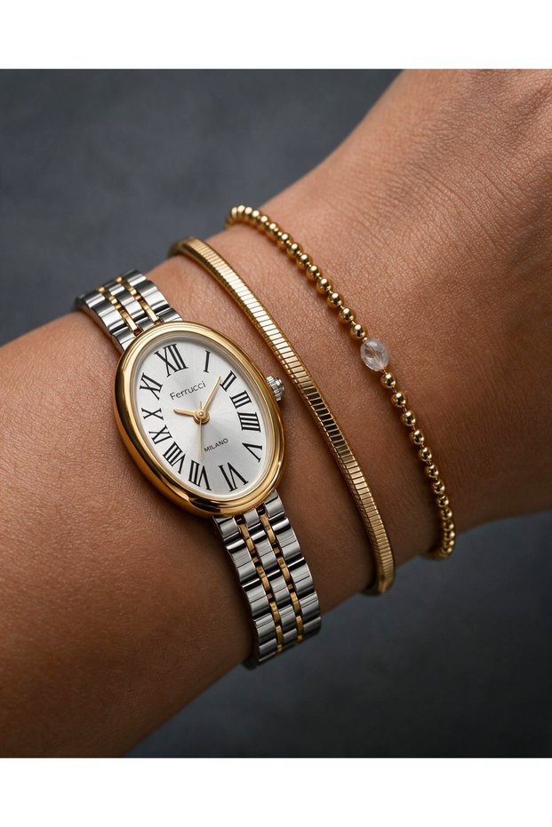 Milano Women's Wristwatch Gold Silver Dual Color Metal Band White Dial Oval Case Roman Numeral Analog Watch 22 mm Case Diameter