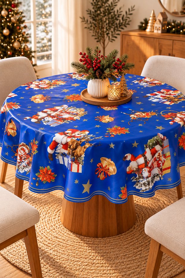 Liquid-Proof Oilcloth Round Christmas New Year Tablecloth | Stain-Resistant, Easy-To-Clean Pvc Tablecloth