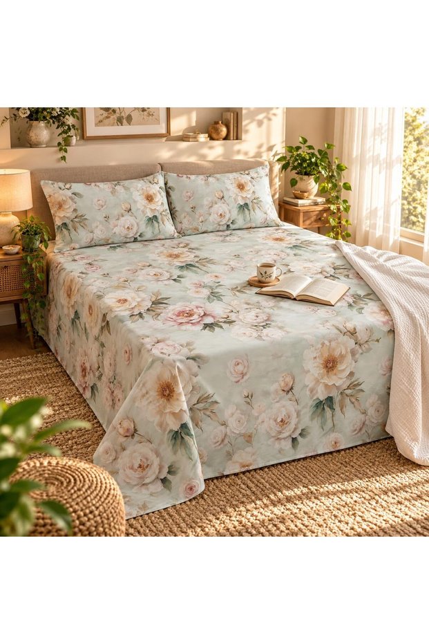 Turkish Style King Size Flat Bedsheet Set, 3 Pieces, 260 x 240 cm, 1 Flat Sheet and 2 Pillowcases (Pale Sage Green with Cream)