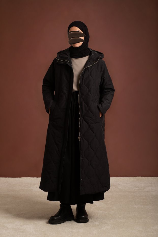 Hooded long length quilted jacket