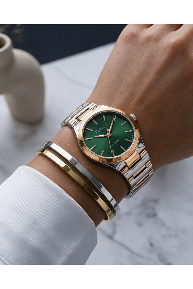 Milano Women's Wristwatch Rose Gold Silver Double Color Metal Cord Green Dial Round Case Analog Watch 30 mm Case Diameter