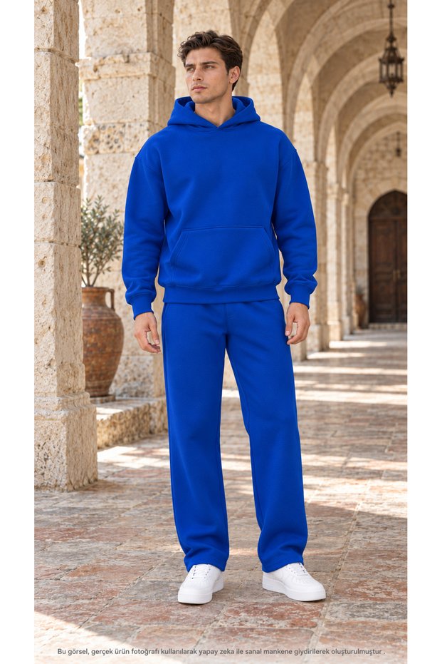 Men's Basic Hooded Tracksuit Set - Draped Comfortable Fit Sweatshirt with Kangaroo Pockets and Sweatpants Combination Set
