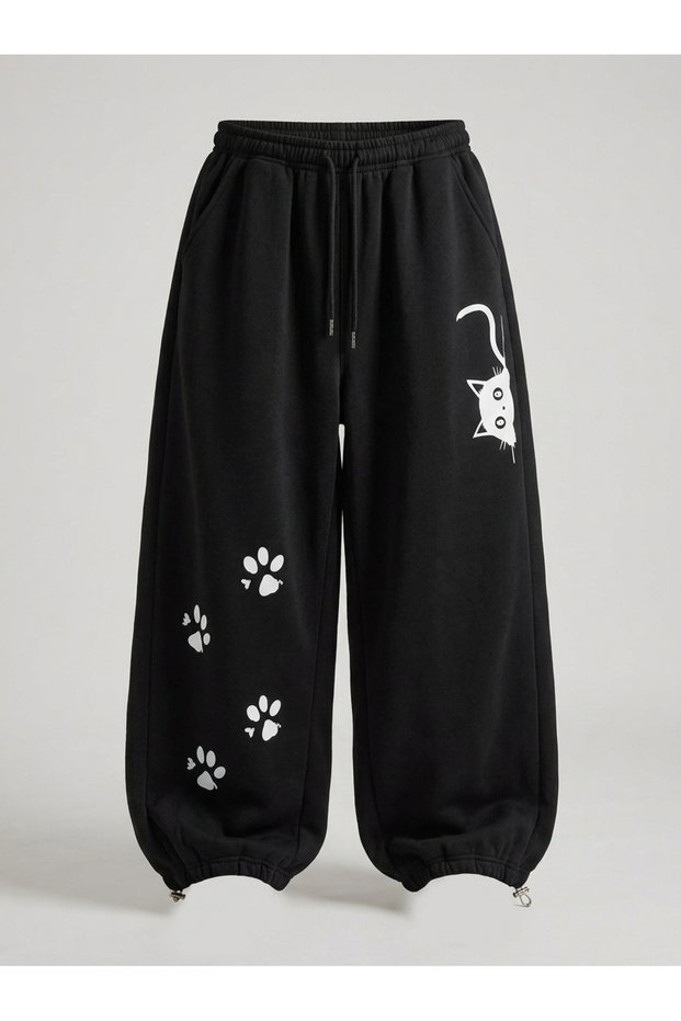 Trend Special Design Cat Paw Printed 2-Yarn Non-Pile Baggy Tracksuit with Stoppers
