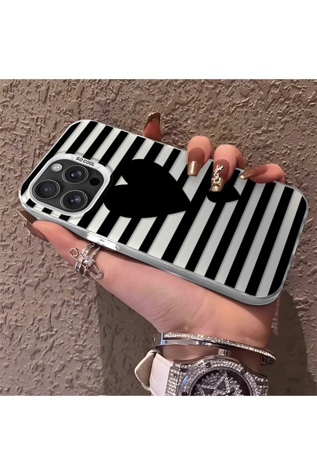 iPhone 16 Pro Max Compatible Striped Black Case, Shock-Resistant Silicone, Stylish
